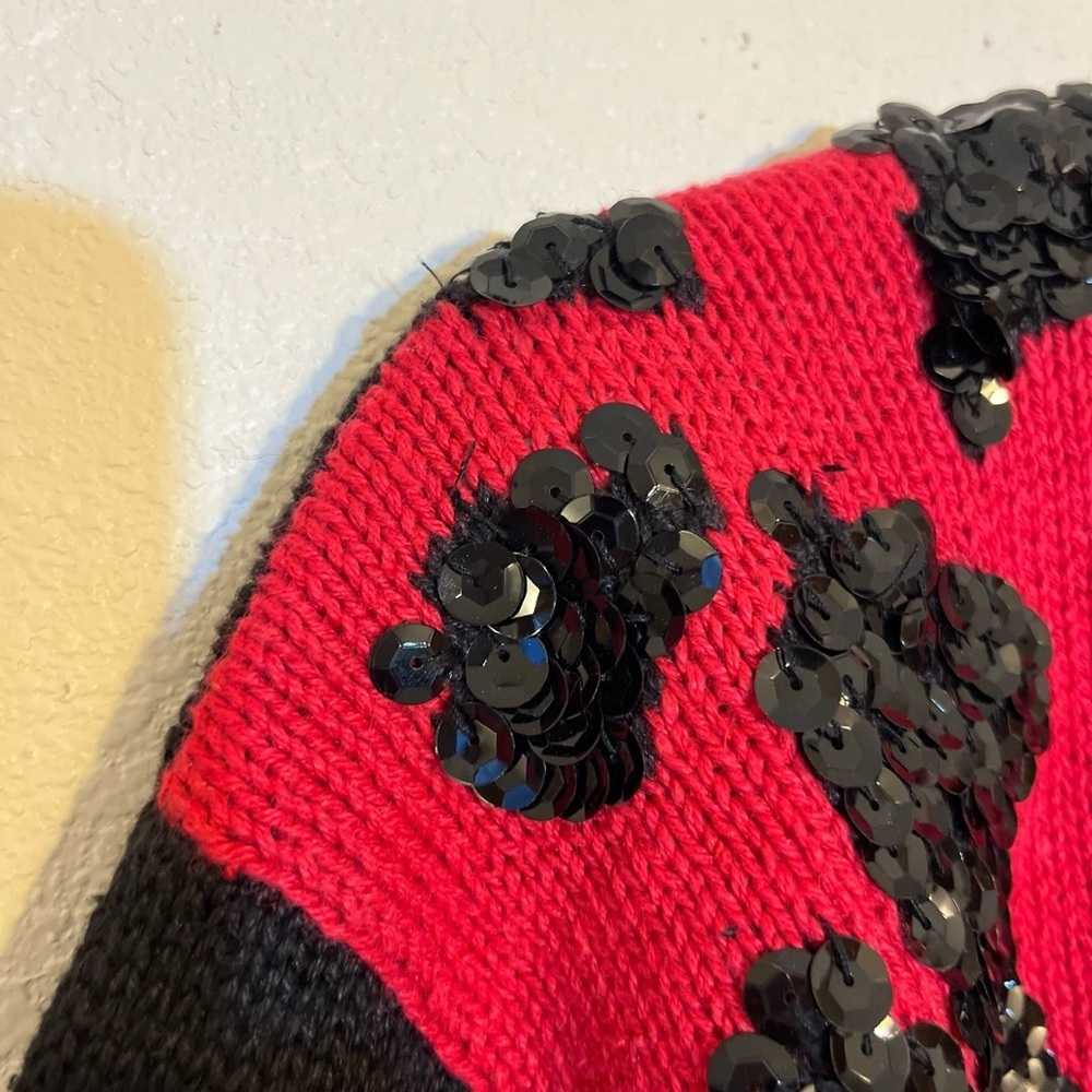 Vintage Sequin Leopard Colorblock Sweater Black Red 80s Glam Statement Knit Top - Picture 9 of 9